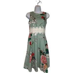 Homeyee Mint Green Floral A Line Sleeveless Dress Size 4 Small Lace Detail